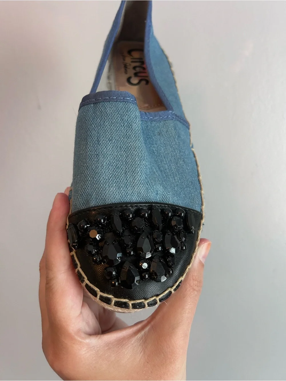 Circus by Sam Edelman Denim Blue Espadrilles with Black Jeweled Toe